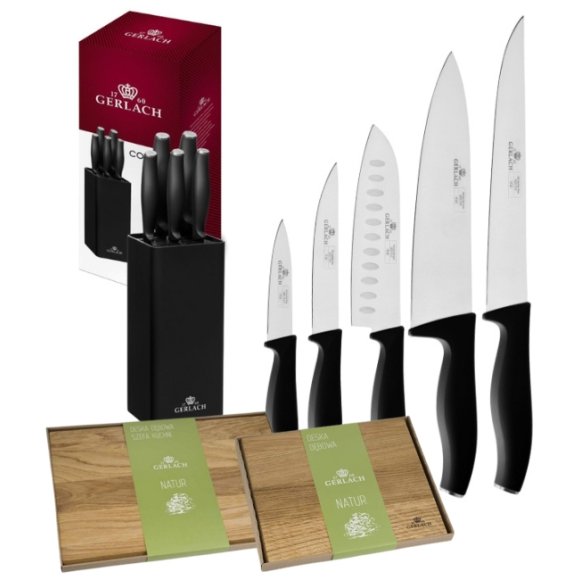 GERLACH COMFORT 985 Zestaw 5 noży w bloku czarnym + kpl 2 desek dębowych / antypoślizgowa rękojeść