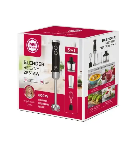 MG HOME Blender ręczny 800W / SET 3w1 / czarny / MIKSUJ / SIEKAJ / UBIJAJ / PRZECIERAJ