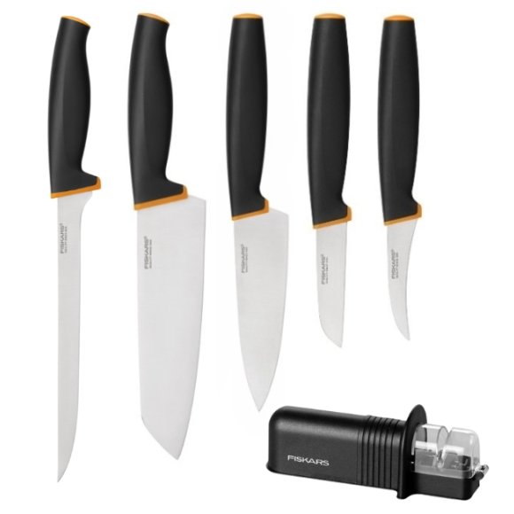 FISKARS CONTROL+ Komplet 5 noży + ostrzałka ceramiczna Roll-Sharp / japońska stal nierdzewna