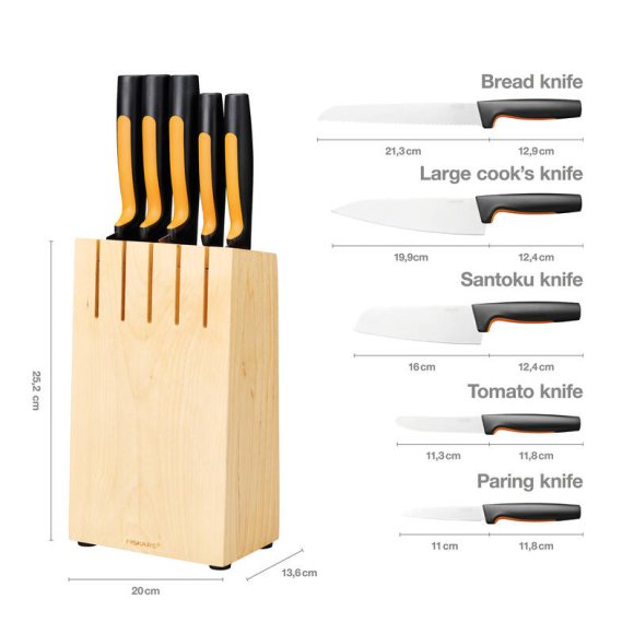 FISKARS FUNCTIONAL FORM Komplet 5 noży kuchennych w bloku drewnianym