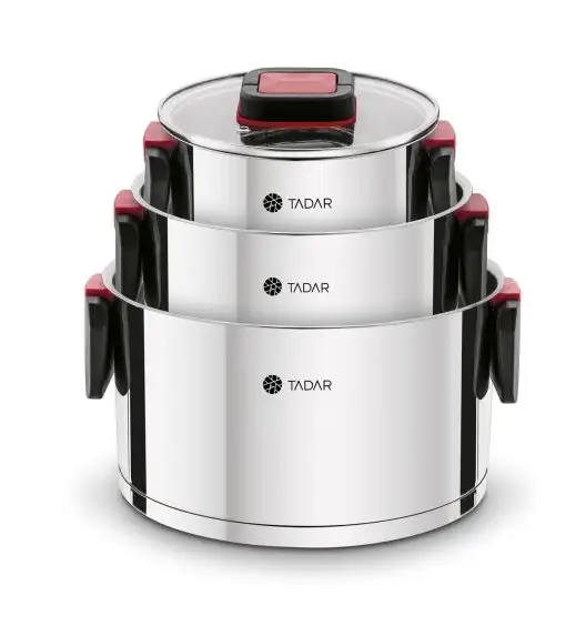 TADAR EVOCOOK Komplet 3 garnków z pokrywkami / składane uchwyty / stal nierdzewna 