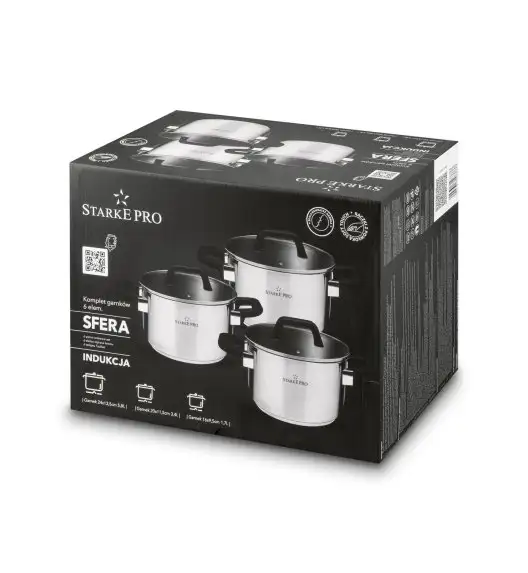 STARKE PRO SFERA Komplet 3 garnków z pokrywkami / stal nierdzewna 