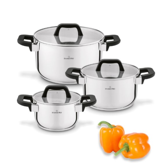STARKE PRO SFERA Komplet 3 garnków z pokrywkami / stal nierdzewna 