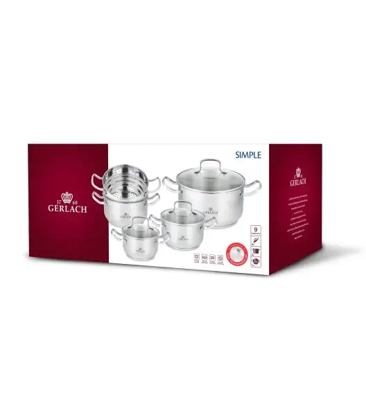 GERLACH SIMPLE Komplet Garnki z pokrywkami 9 el + Garnek Ambiente 10 l