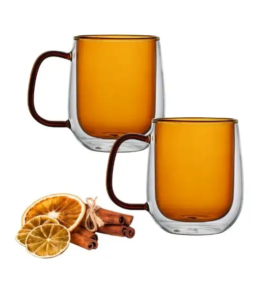 MG HOME | DECO Zestaw 2 szklanek termicznych z uchem 300 ml / bursztynowe