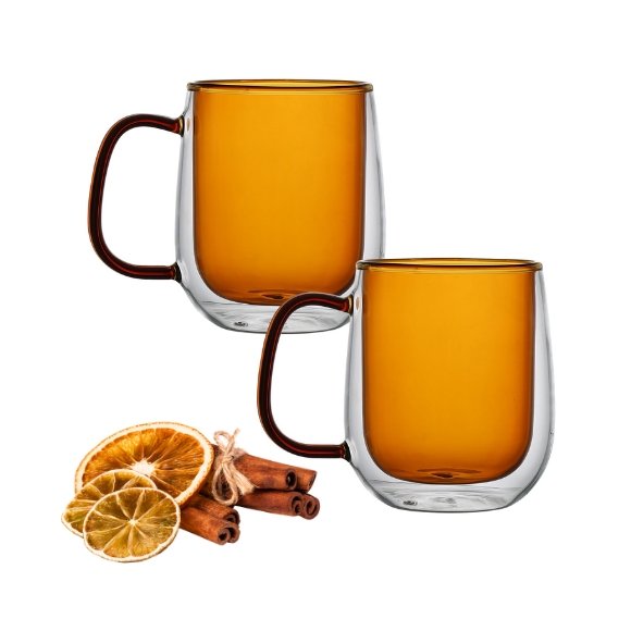 MG HOME | DECO Zestaw 2 szklanek termicznych z uchem 300 ml / bursztynowe