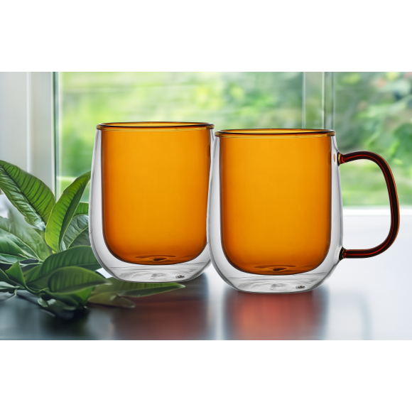 MG HOME | DECO Zestaw 2 szklanek termicznych z uchem 300 ml / bursztynowe