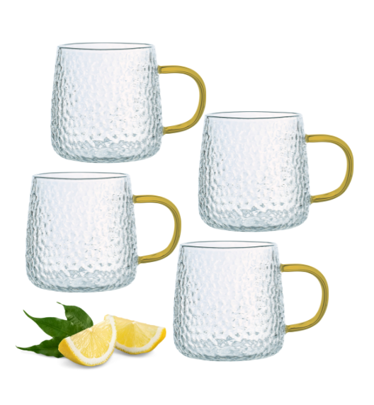 MG HOME | DECO Zestaw 4 szklanek żłobionych z uchem 300 ml / musztardowe