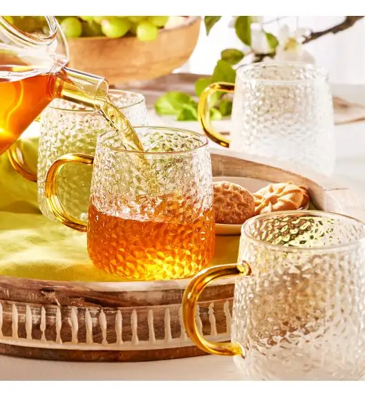 MG HOME | DECO Zestaw 4 szklanek żłobionych z uchem 300 ml / musztardowe