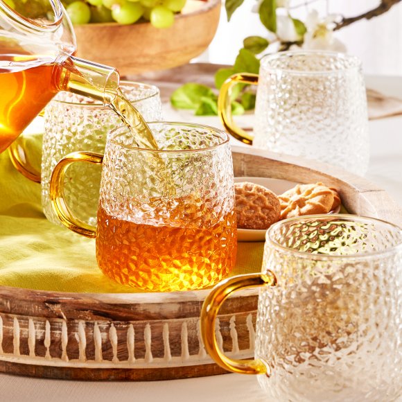 MG HOME | DECO Zestaw 4 szklanek żłobionych z uchem 300 ml / musztardowe