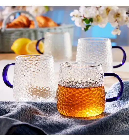 MG HOME | DECO Zestaw 4 szklanek żłobionych z uchem 350 ml / niebieskie