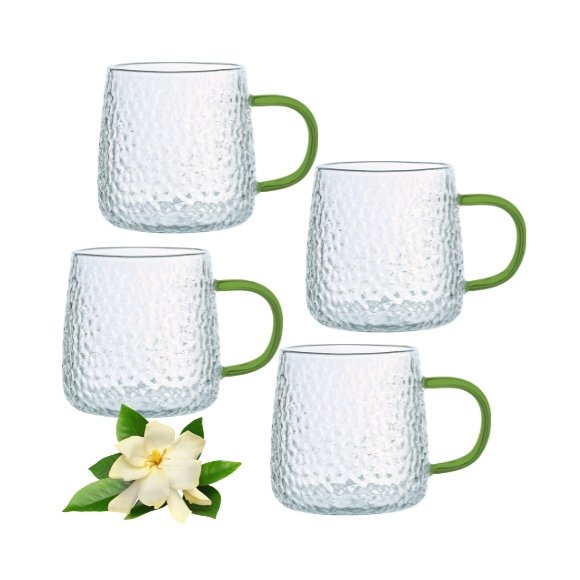 MG HOME | DECO Zestaw 4 szklanek żłobionych z uchem 350 ml / zielone