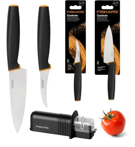FISKARS CONTROL+ Komplet 2 noży + ostrzałka ceramiczna Roll-Sharp / japońska stal nierdzewna