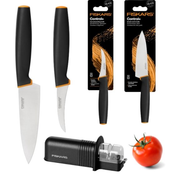 FISKARS CONTROL+ Komplet 2 noży + ostrzałka ceramiczna Roll-Sharp / japońska stal nierdzewna