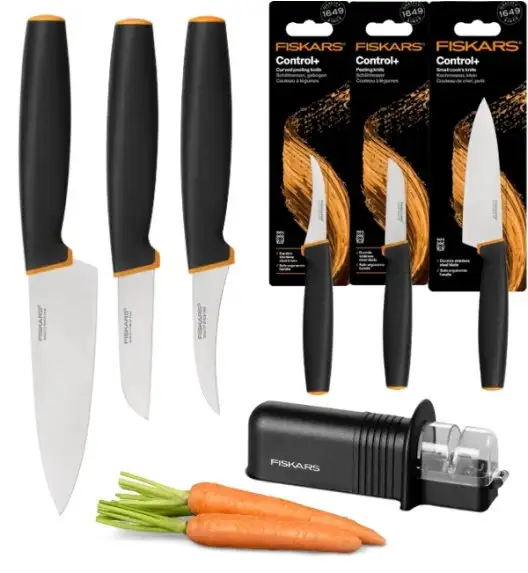 FISKARS CONTROL+ Komplet 3 noży + ostrzałka ceramiczna Roll-Sharp / japońska stal nierdzewna