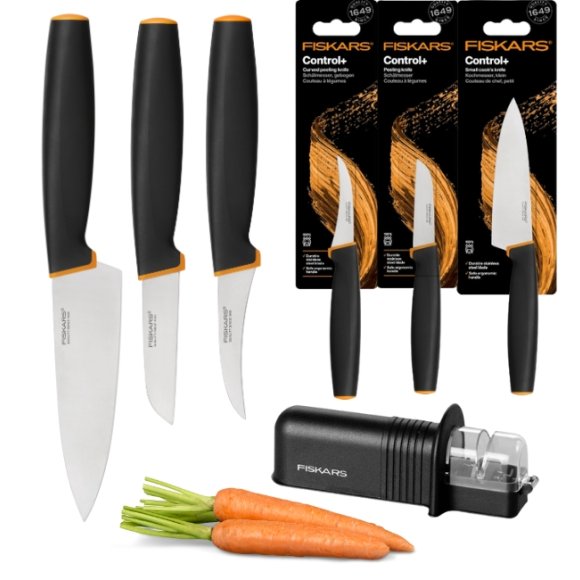 FISKARS CONTROL+ Komplet 3 noży + ostrzałka ceramiczna Roll-Sharp / japońska stal nierdzewna