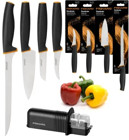 FISKARS CONTROL+ Komplet 4 noży + ostrzałka ceramiczna Roll-Sharp / japońska stal nierdzewna