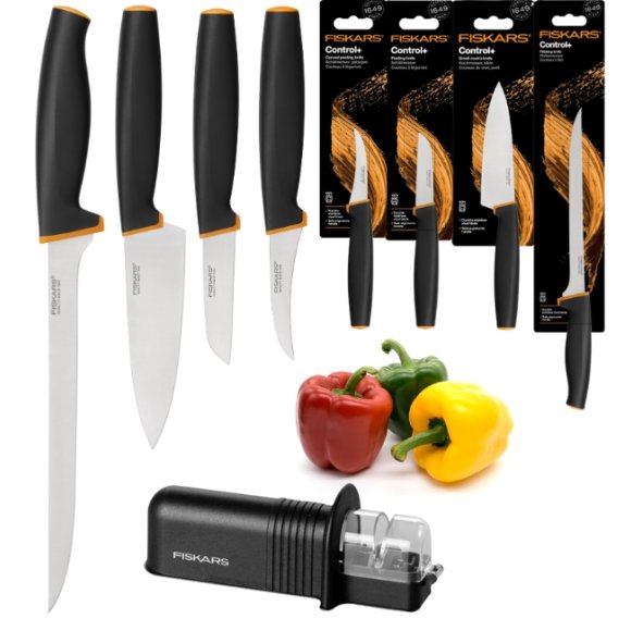 FISKARS CONTROL+ Komplet 4 noży + ostrzałka ceramiczna Roll-Sharp / japońska stal nierdzewna