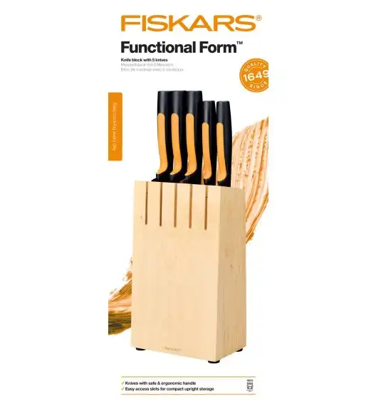 FISKARS FUNCTIONAL FORM Komplet 5 noży kuchennych w bloku drewnianym + Ostrzałka Essential