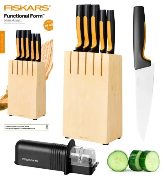 FISKARS FUNCTIONAL FORM Komplet 5 noży kuchennych w bloku drewnianym + Ostrzałka Essential