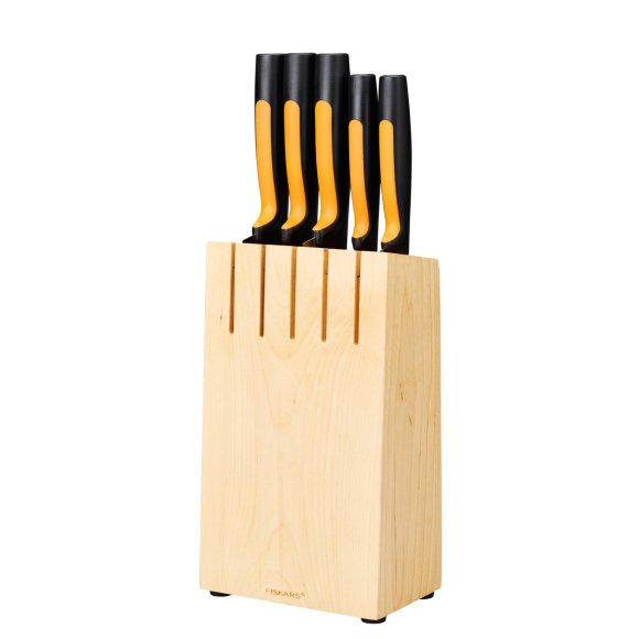 FISKARS FUNCTIONAL FORM Komplet 5 noży kuchennych w bloku drewnianym + Ostrzałka Edge