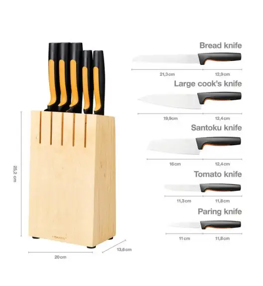 FISKARS FUNCTIONAL FORM Komplet 5 noży kuchennych w bloku drewnianym + Ostrzałka Functional Form