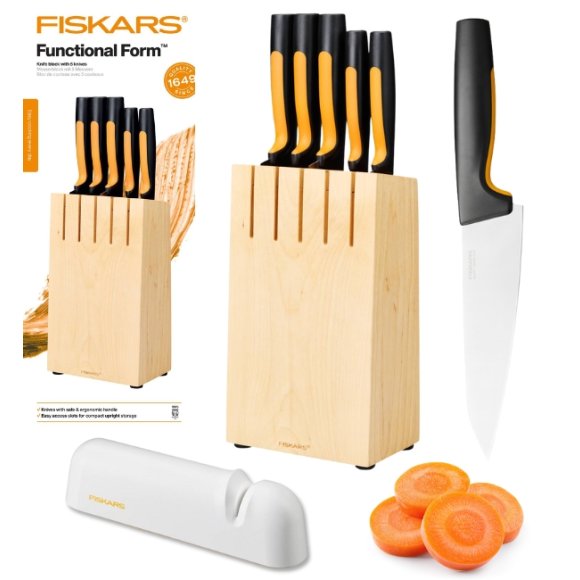 FISKARS FUNCTIONAL FORM Komplet 5 noży kuchennych w bloku drewnianym + Ostrzałka Functional Form