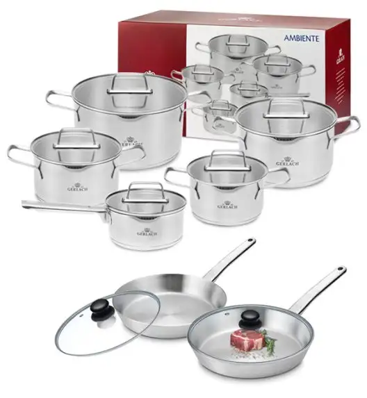 GERLACH AMBIENTE Komplet Garnki z pokrywkami 10 el + 2 patelnie PRESTIGE + pok Tadar / stal nierdzewna / indukcja