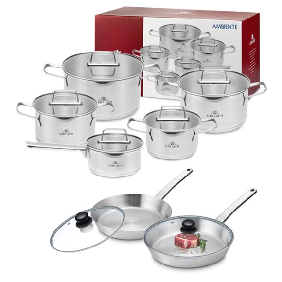 GERLACH AMBIENTE Komplet Garnki z pokrywkami 10 el + 2 patelnie PRESTIGE + pok Tadar / stal nierdzewna / indukcja