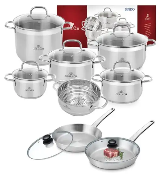 GERLACH SENDO Komplet garnki z pokrywkami 11 el + 2 patelnie PRESTIGE + pok Tadar / stal nierdzewna / indukcja