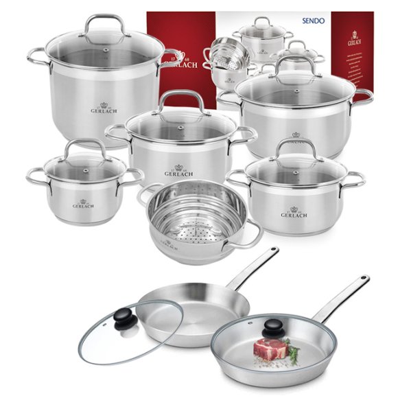 GERLACH SENDO Komplet garnki z pokrywkami 11 el + 2 patelnie PRESTIGE + pok Tadar / stal nierdzewna / indukcja