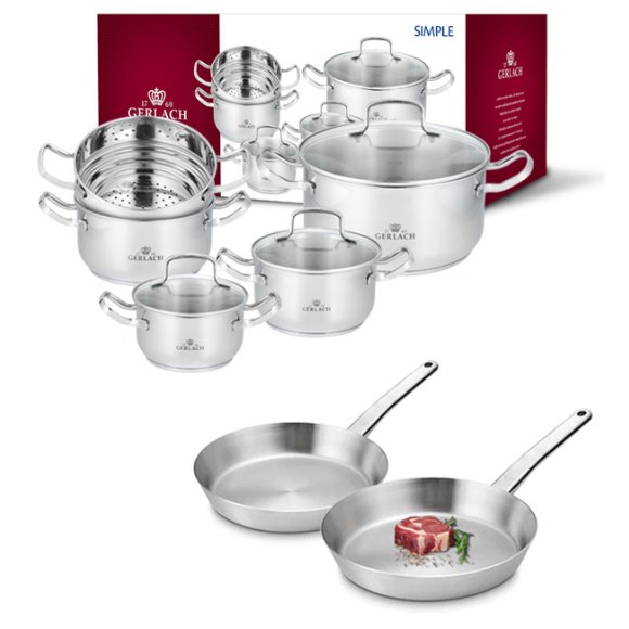 GERLACH SIMPLE Komplet Garnki z pokrywkami + wkład do gotowania na parze 9 el + 2 patelnie PRESTIGE / Stal nierdzewna