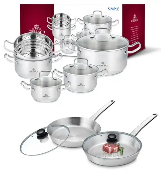 GERLACH SIMPLE Komplet Garnki z pokrywkami + wkład do gotowania na parze 9 el + 2 patelnie PRESTIGE + pok Tadar / Stal nierdzewna