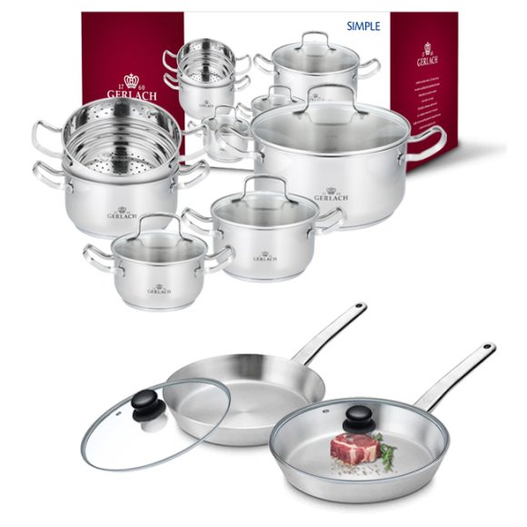 GERLACH SIMPLE Komplet Garnki z pokrywkami + wkład do gotowania na parze 9 el + 2 patelnie PRESTIGE + pok Tadar / Stal nierdzewna