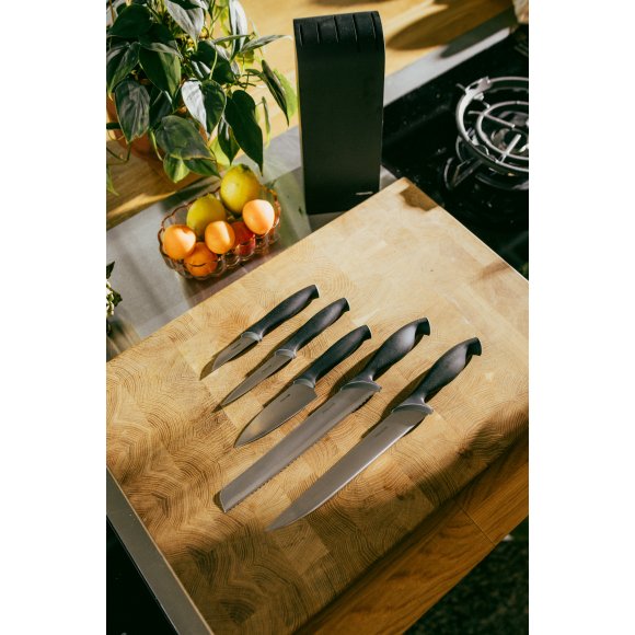 FISKARS CONTROL 1073023 Zestaw 5 noży kuchennych w czarnym bloku + Ostrzałka Essential