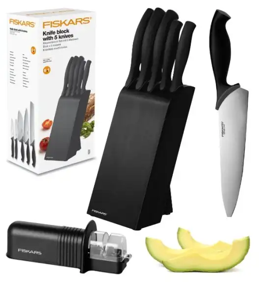 FISKARS CONTROL 1073023 Zestaw 5 noży kuchennych w czarnym bloku + Ostrzałka Essential