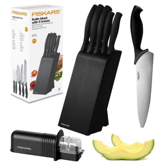 FISKARS CONTROL 1073023 Zestaw 5 noży kuchennych w czarnym bloku + Ostrzałka Essential