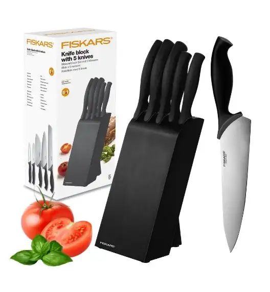 FISKARS CONTROL 1073023 Zestaw 5 noży kuchennych w czarnym bloku + Ostrzałka Essential