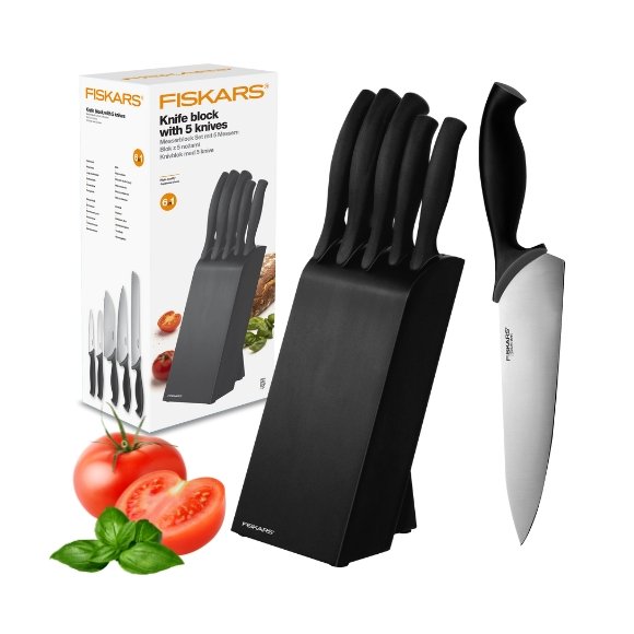 FISKARS CONTROL 1073023 Zestaw 5 noży kuchennych w czarnym bloku + Ostrzałka Essential