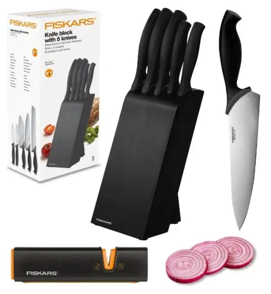 FISKARS CONTROL 1073023 Zestaw 5 noży kuchennych w czarnym bloku + Ostrzałka Edge