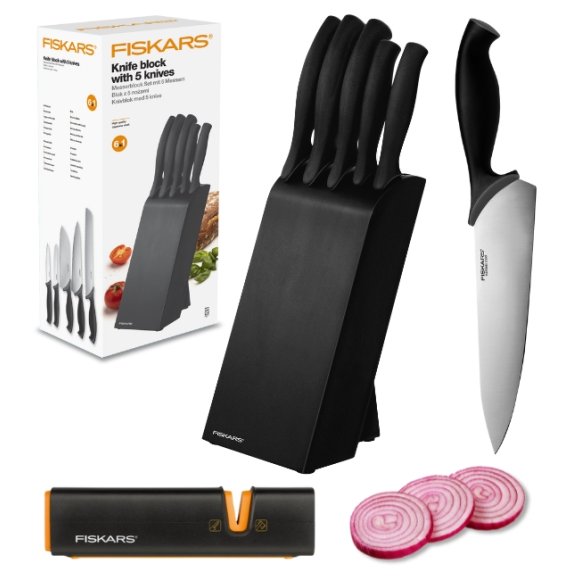 FISKARS CONTROL 1073023 Zestaw 5 noży kuchennych w czarnym bloku + Ostrzałka Edge