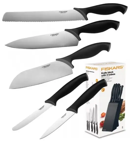 FISKARS CONTROL 1073023 Zestaw 5 noży kuchennych w czarnym bloku + Ostrzałka Edge