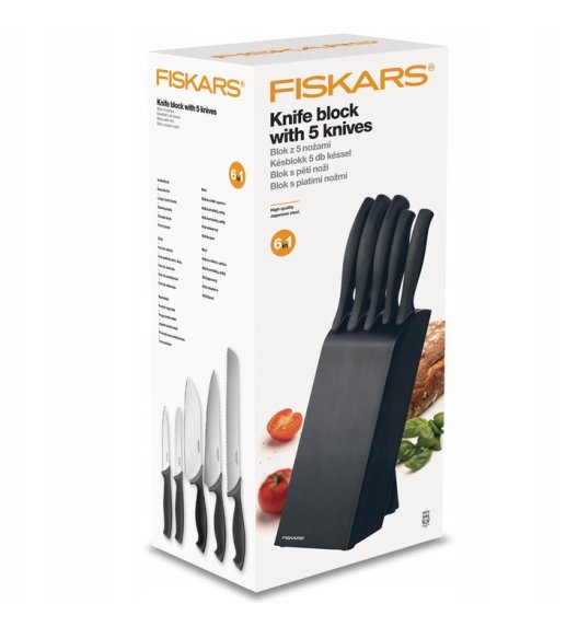 FISKARS CONTROL 1073023 Zestaw 5 noży kuchennych w czarnym bloku + Ostrzałka Edge