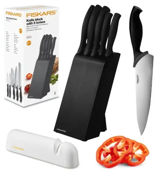 FISKARS CONTROL 1073023 Zestaw 5 noży kuchennych w czarnym bloku + Ostrzałka Functional Form