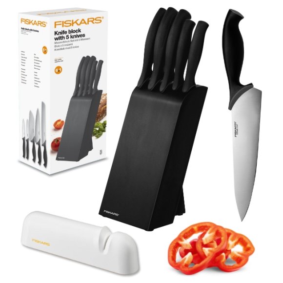 FISKARS CONTROL 1073023 Zestaw 5 noży kuchennych w czarnym bloku + Ostrzałka Functional Form