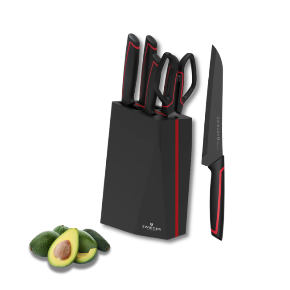 ZWIEGER RED LINE Komplet 4 noży w bloku drewnianym czarnym + nożyczki / stal nierdzewna + drewno