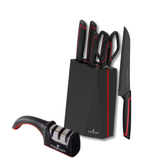 ZWIEGER RED LINE Komplet 4 noży w bloku drewnianym czarnym + nożyczki / stal nierdzewna + drewno + ostrzałka RAPID