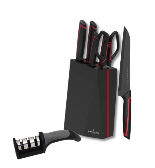 ZWIEGER RED LINE Komplet 4 noży w bloku drewnianym czarnym + nożyczki / stal nierdzewna + drewno + ostrzałka 3w1