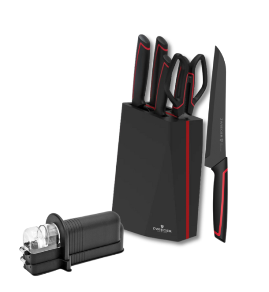 ZWIEGER RED LINE Komplet 4 noży w bloku drewnianym czarnym + nożyczki / stal nierdzewna + drewno + ostrzałka NN 