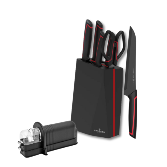 ZWIEGER RED LINE Komplet 4 noży w bloku drewnianym czarnym + nożyczki / stal nierdzewna + drewno + ostrzałka NN 